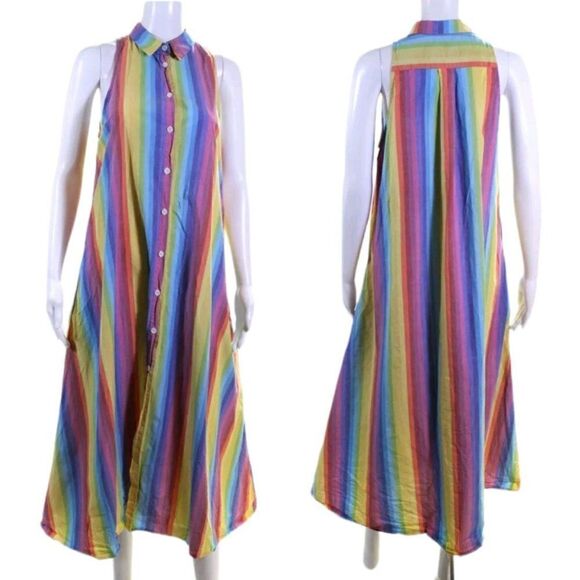 M.D.S. Stripes Shirtdress Dress Rainbow Pinafore Collar A-line Midi Pockets Sz 2 - Picture 13 of 13